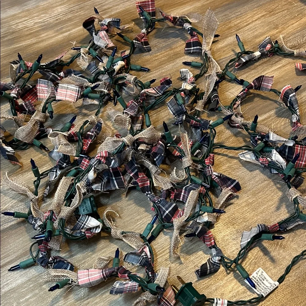 Qty 1 Blue String Lights with Red & Blue Plaid and Burlap Accents 18' Long